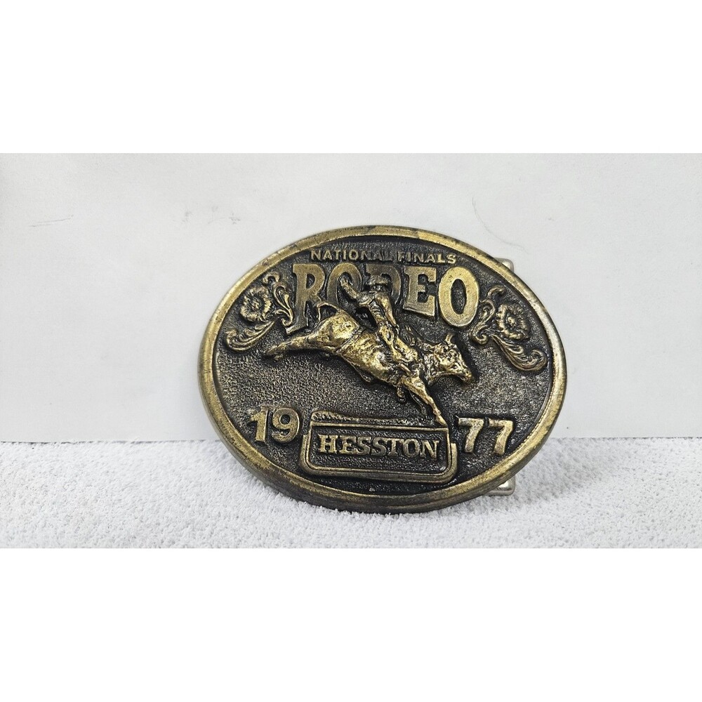 Vintage Hesston Rodeo Belt Buckle Mens Gold Tone 1977 NFR Limited Edition